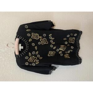 Vintage Western Connection Beaded Knit Sweater Black Gold Large Cotton/Ramie